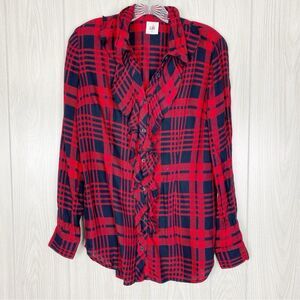 Cabi | Lodge Ruffle Red & Black Plaid Button Down Shirt Size XS